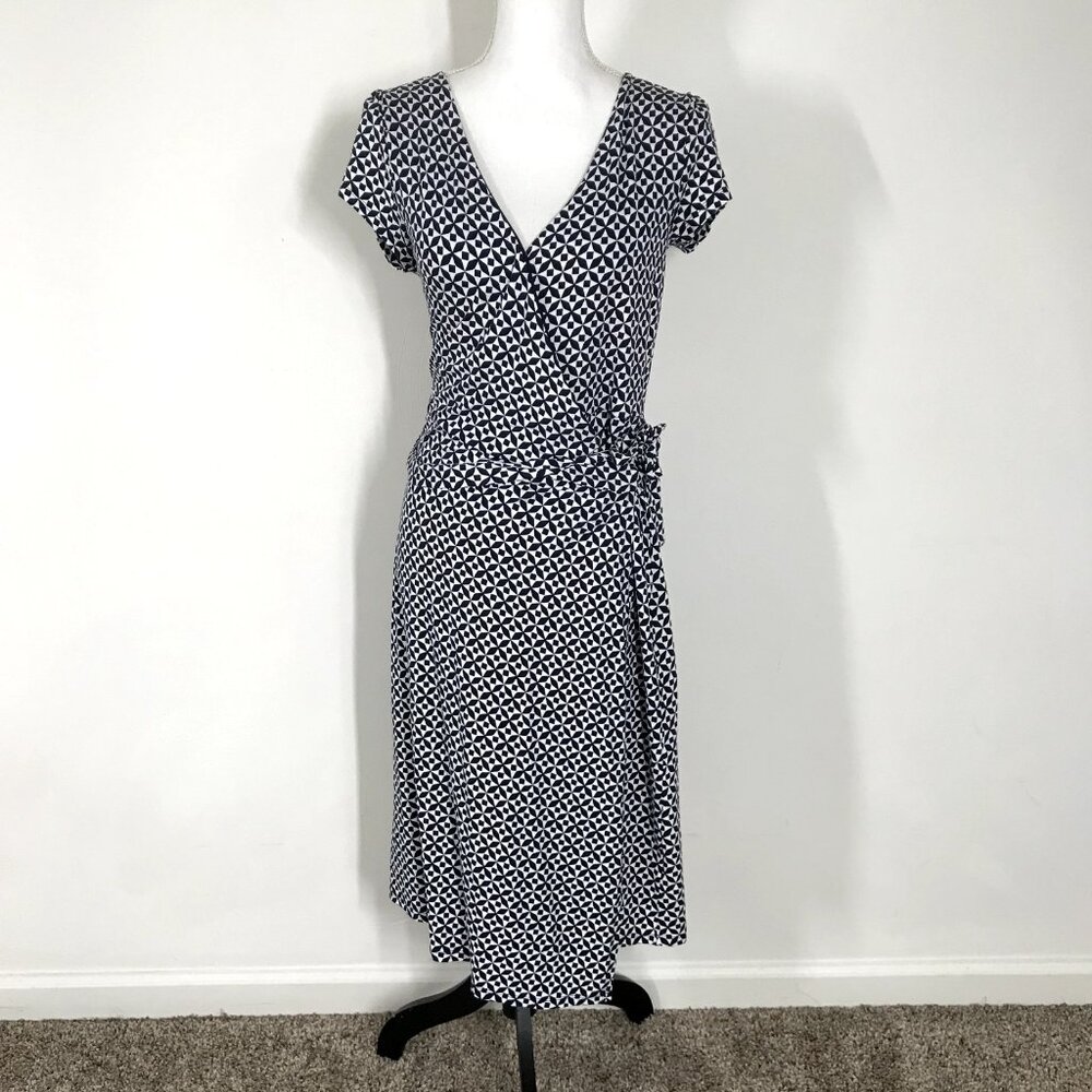 BODEN Womens US 8L Blue White Jersey Stretch Knit Short Sleeve Wrap Midi Dress